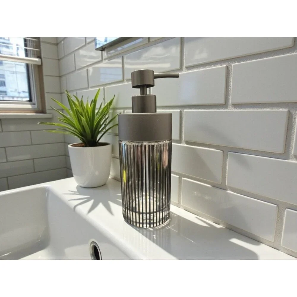 New Retro Glass Black Stripped Soap Dispenser Pump Bathroon Vanity Decor